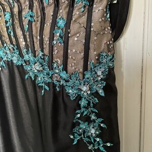 Elegant Black Dress with Teal Floral Embroidery